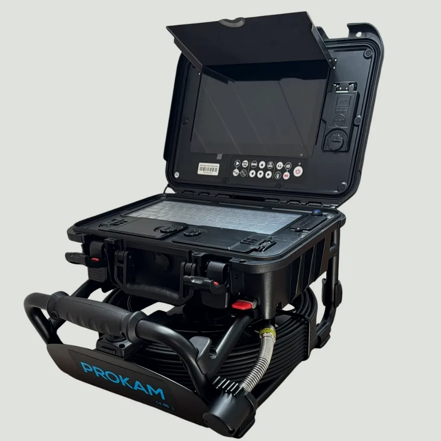 Prokam PRO+ HD sewer camera with 10-inch monitor open on its push rod reel